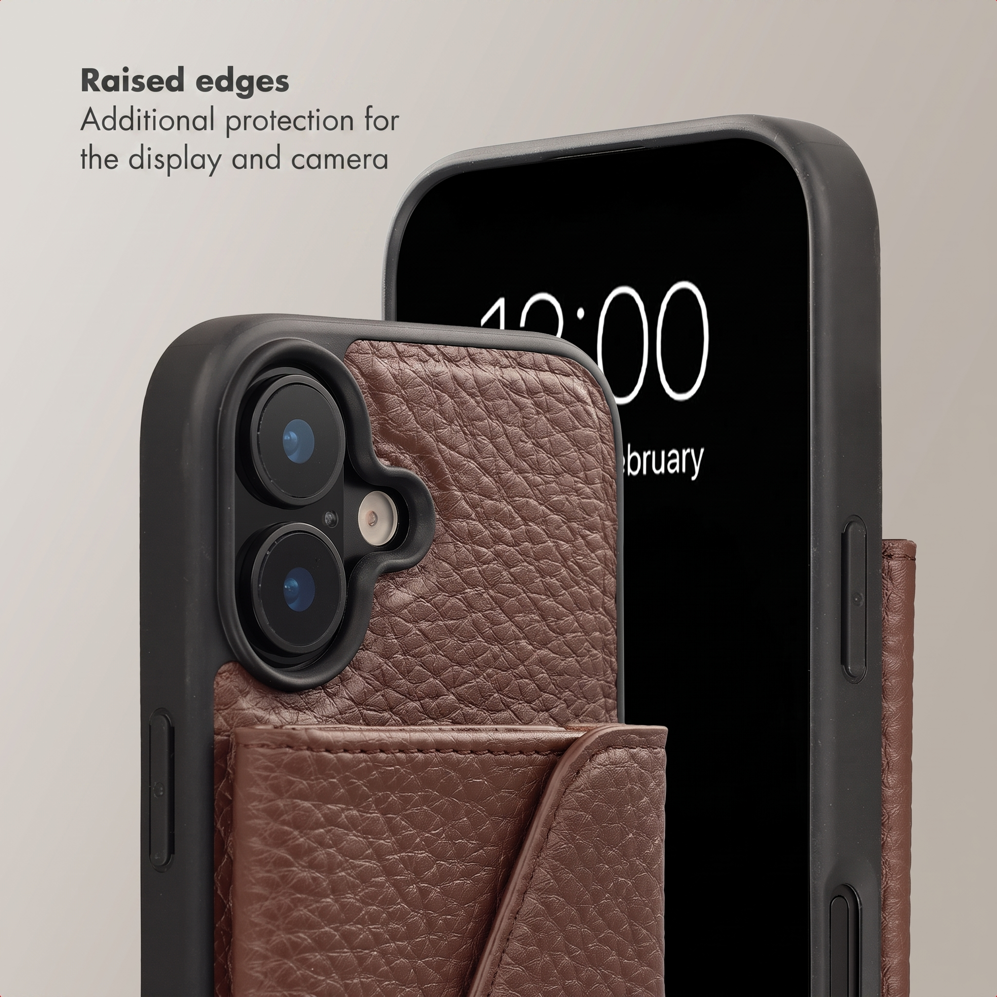 Coque de téléphone en cuir marron avec porte-cartes et bords surélevés.