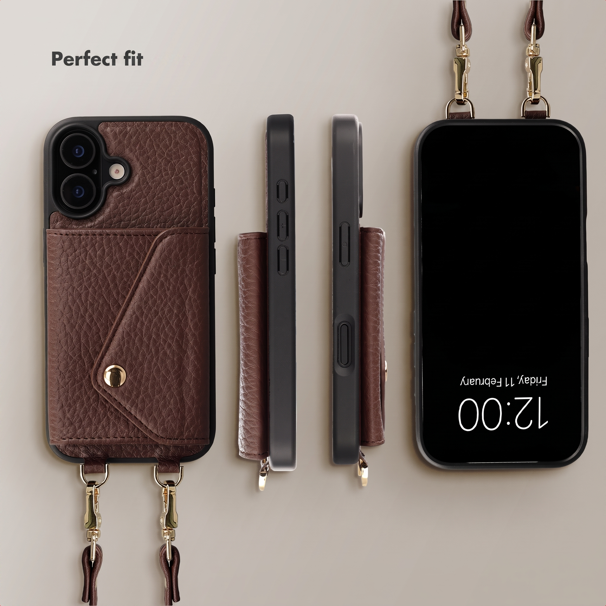 Coque de téléphone en cuir marron avec porte-cartes et lanière, sous différents angles.