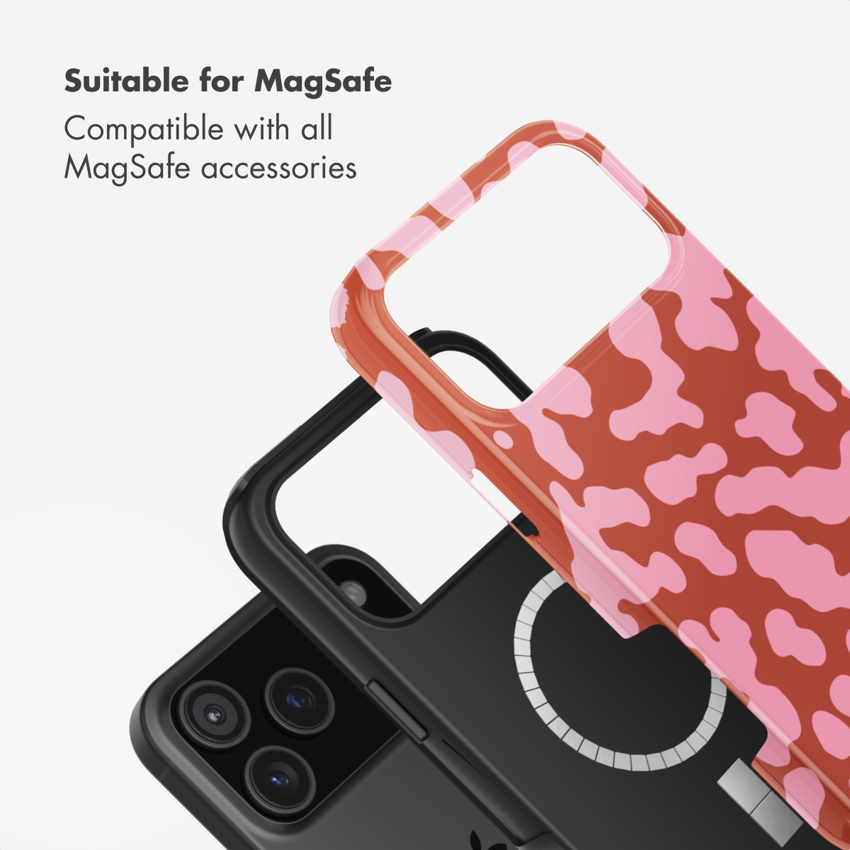 Handyhülle mit rotem Kuhfleckenmuster und MagSafe-Kompatibilität.