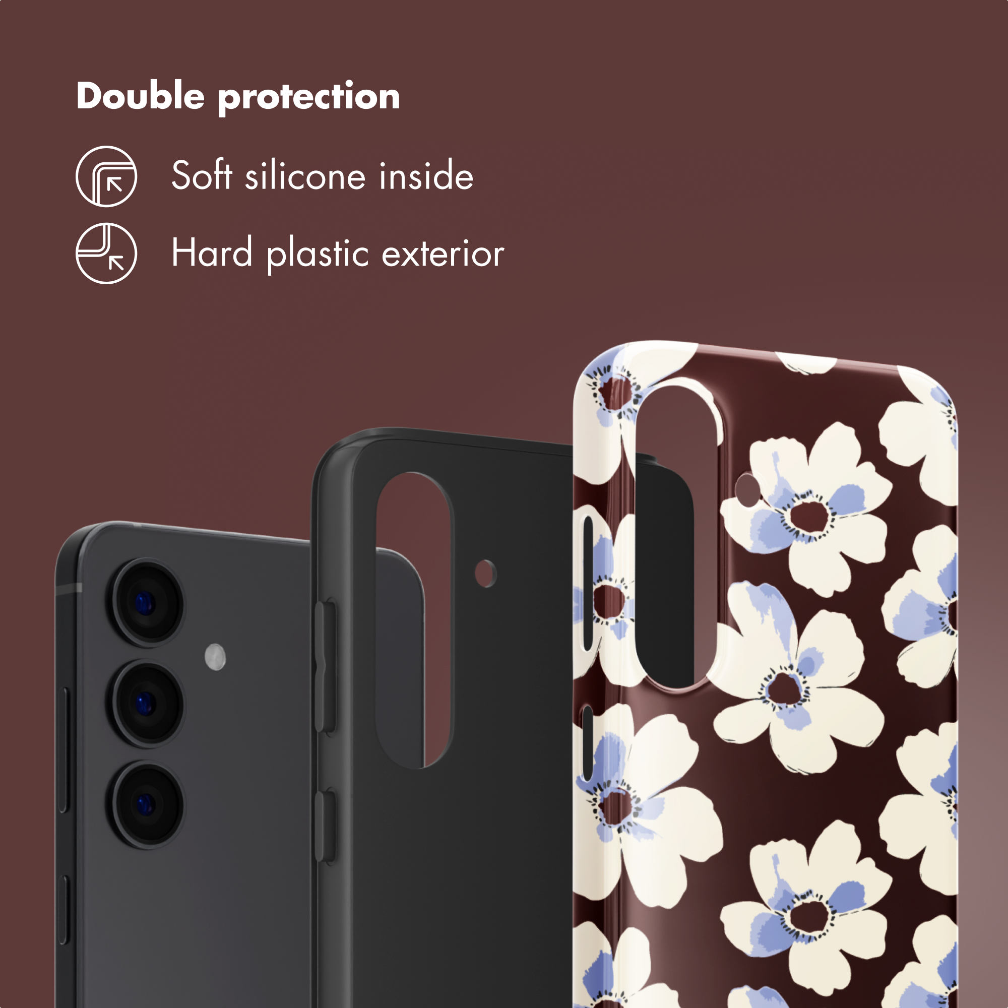 Smartphone con doppia protezione: interno in silicone morbido ed esterno rigido floreale.