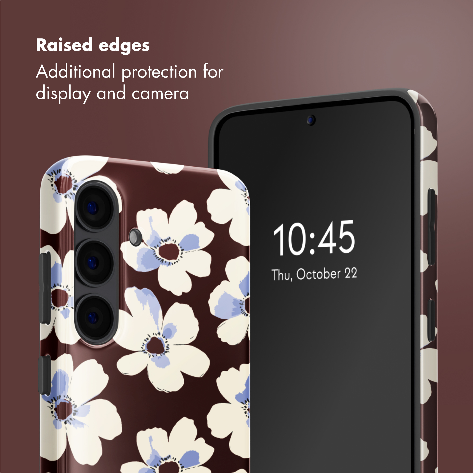 Custodia per telefono con motivo floreale e bordi rialzati per proteggere display e fotocamera.