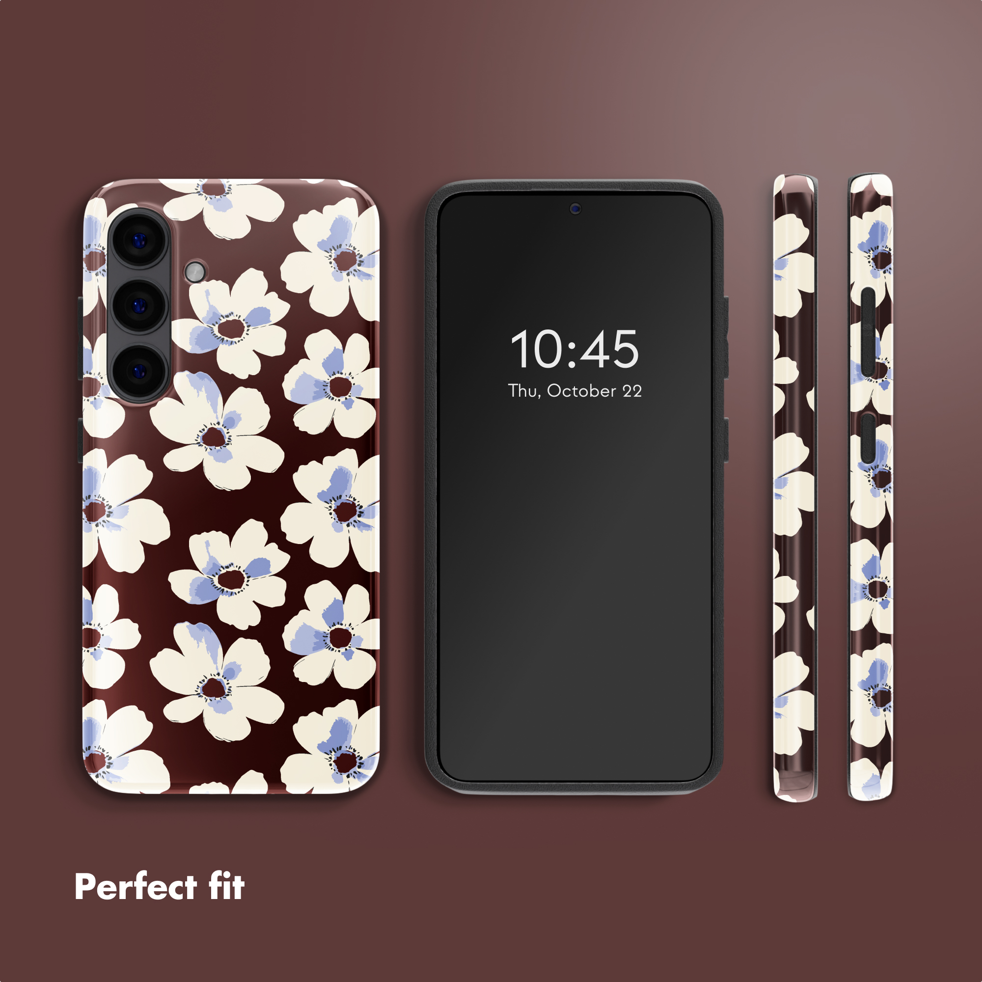 Uno smartphone da più angolazioni con cover marrone con motivo floreale bianco e blu e la scritta Perfect fit.