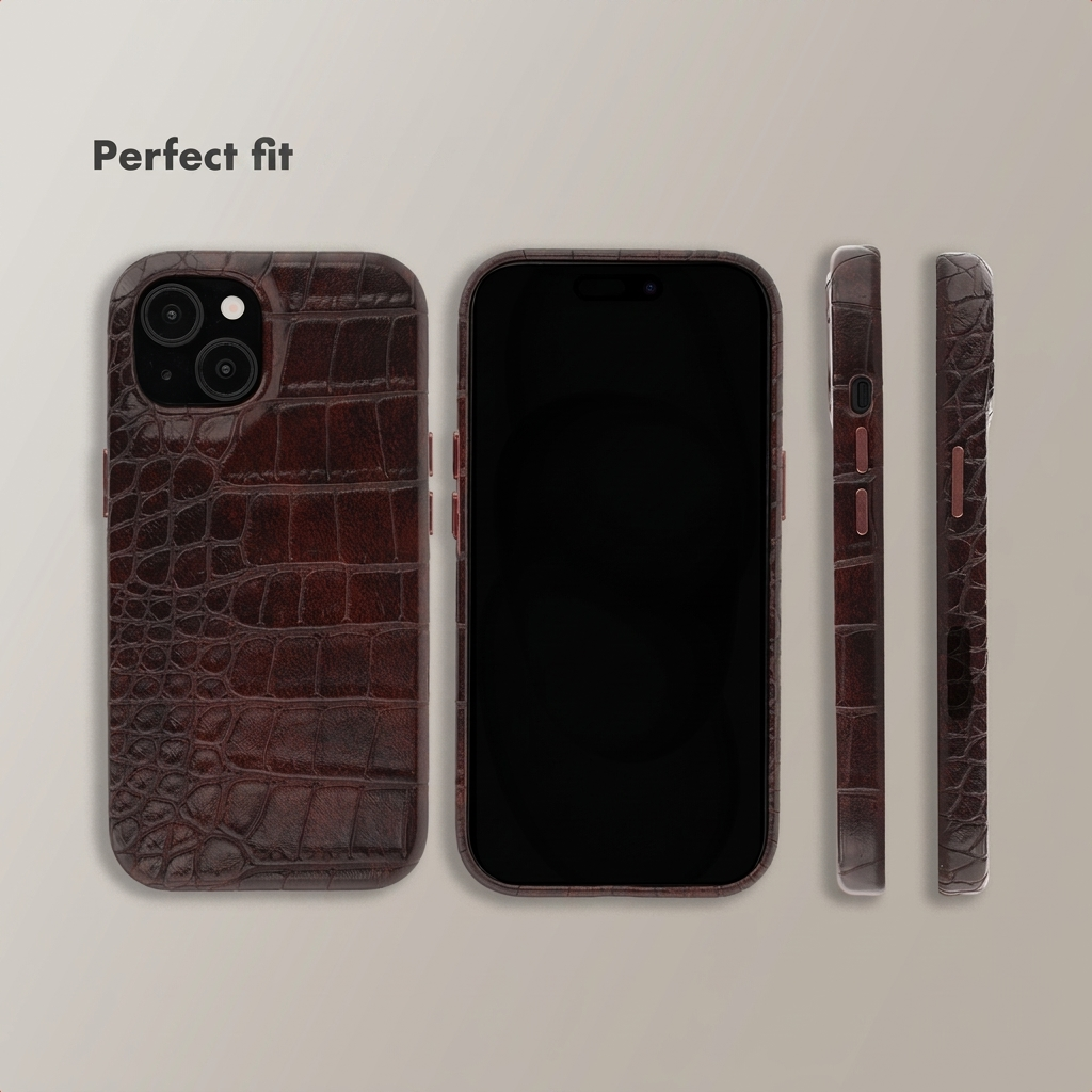 Donkerbruine krokodillenleren telefoonhoes vanuit meerdere hoeken met tekst Perfect fit.