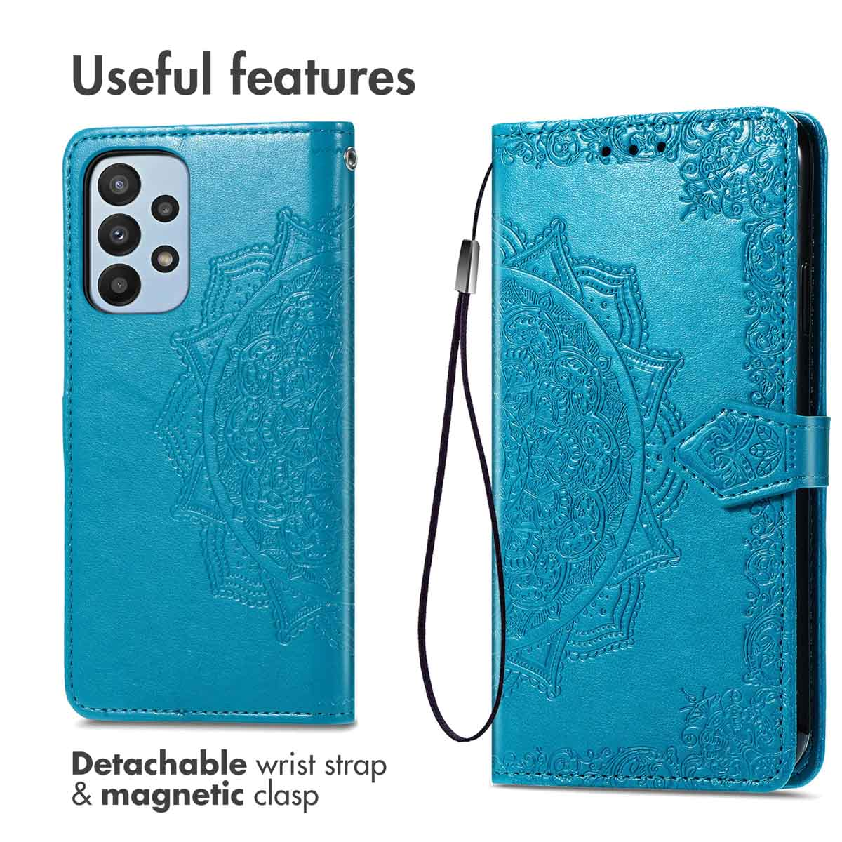 Étui de téléphone turquoise avec motif mandala, dragonne et fermoir magnétique.