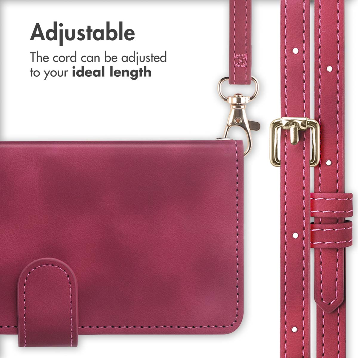 Un porta carte in pelle rosa con cinturino regolabile e fibbia dorata.
