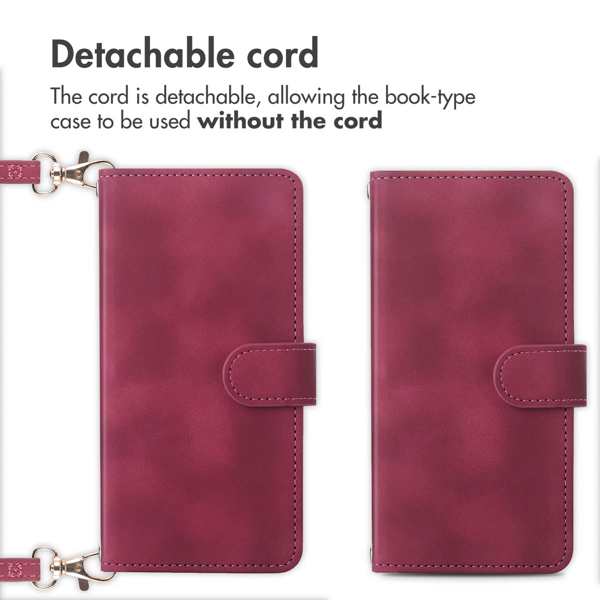 Custodia per telefono a libro magenta con cordino staccabile.