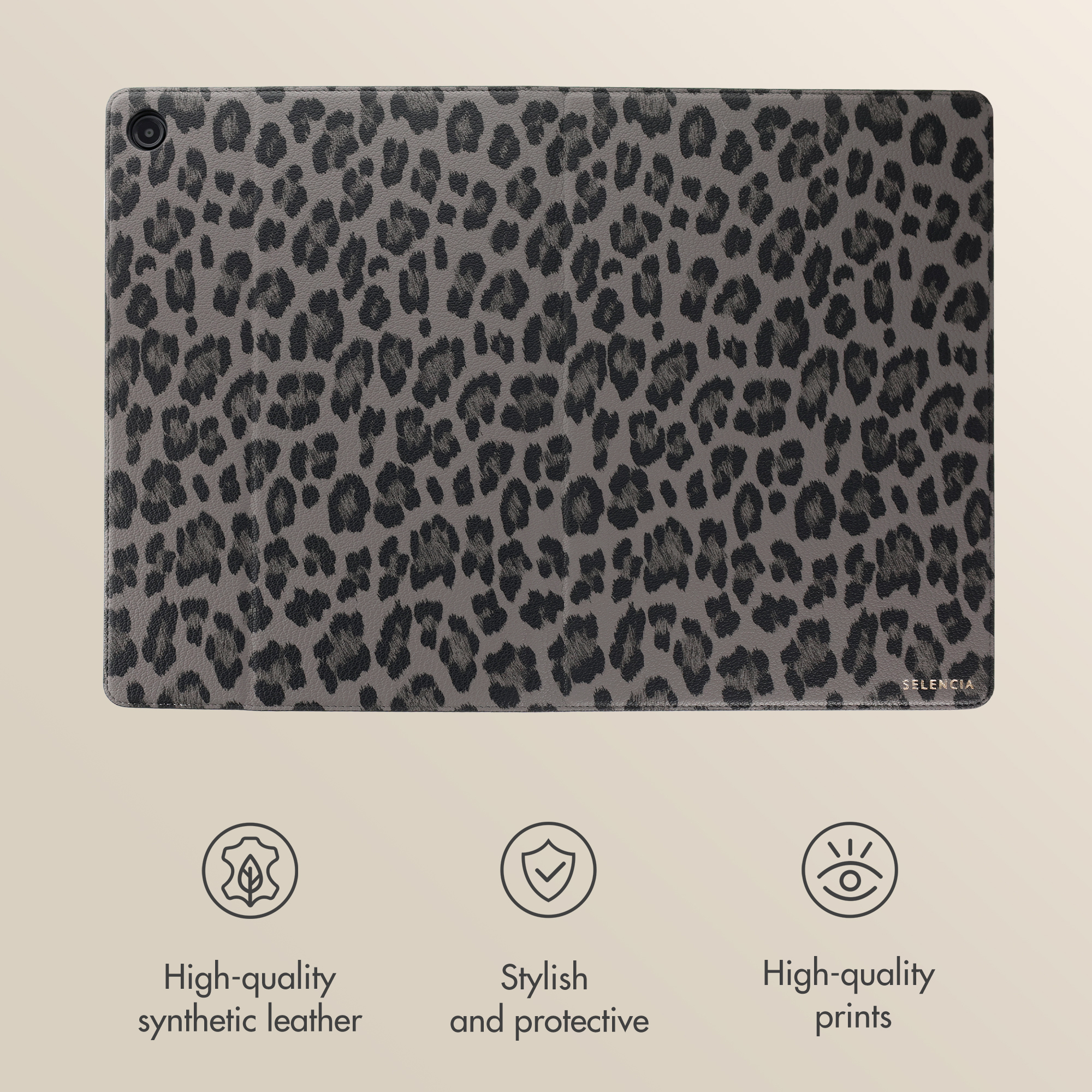 Grijze tablethoes met luipaardprint, drie iconen voor materiaal, bescherming en print.