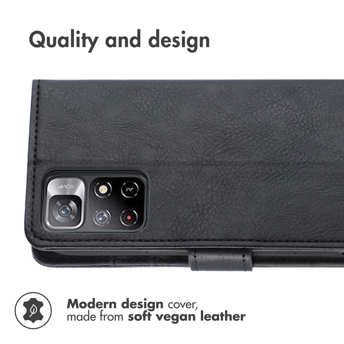 Custodia per telefono in pelle vegana nera con modulo fotocamera visibile.