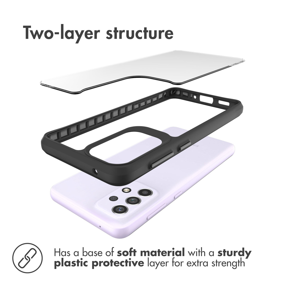 Vue éclatée d'une coque de protection à deux couches avec une base souple et une couche en plastique rigide.