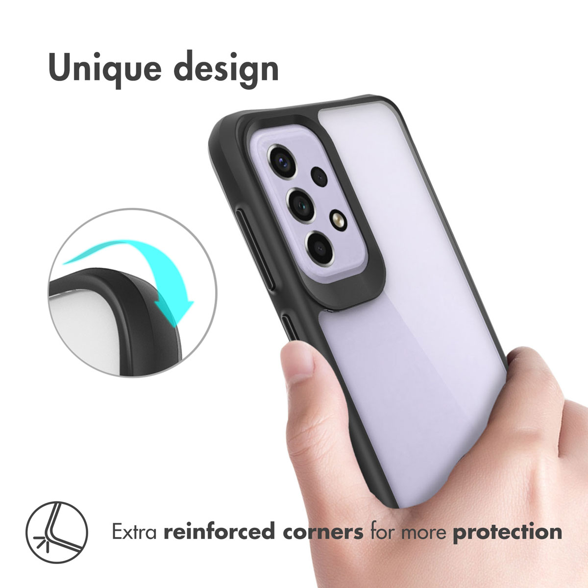 Une main tient un téléphone avec une coque de protection au design unique et aux coins renforcés.