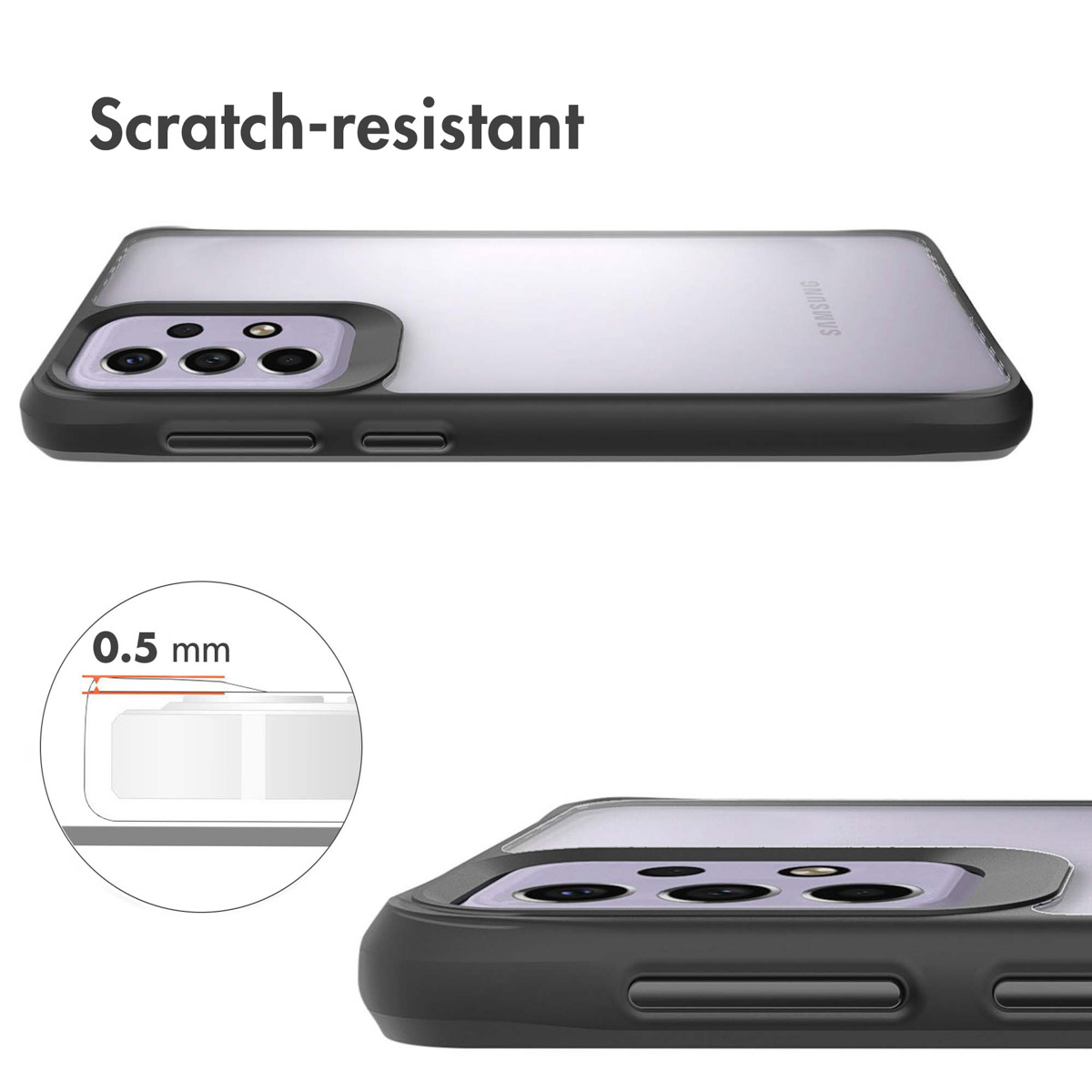 Smartphone avec coque de protection dotée d'un bord surélevé de 0,5 mm autour de l'appareil photo.