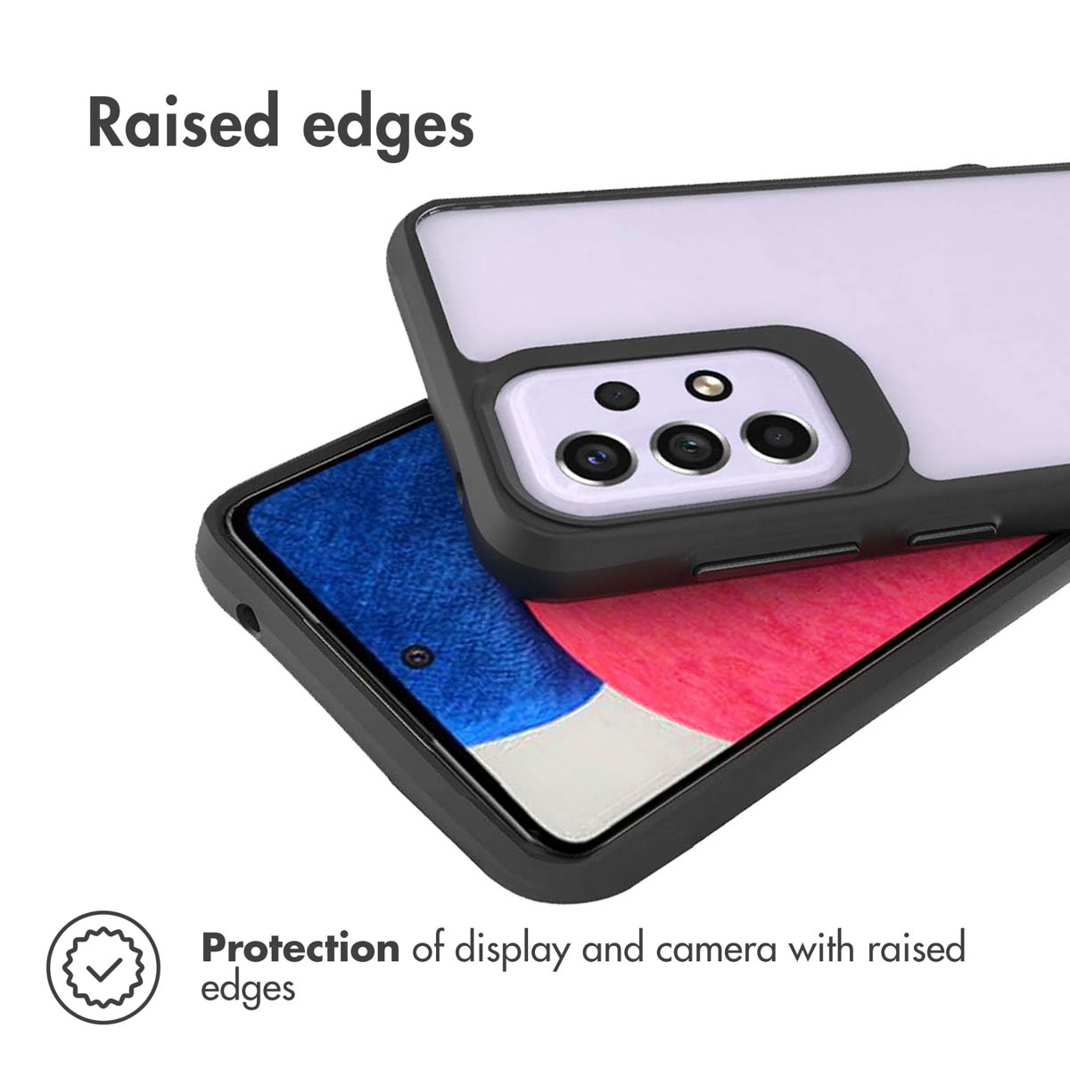 Smartphone avec coque de protection soulignant les bords surélevés pour l'écran et l'appareil photo.