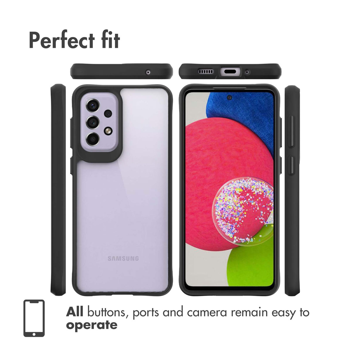 Coque de téléphone avec découpes pour boutons, ports et caméra, vue sous tous les angles.