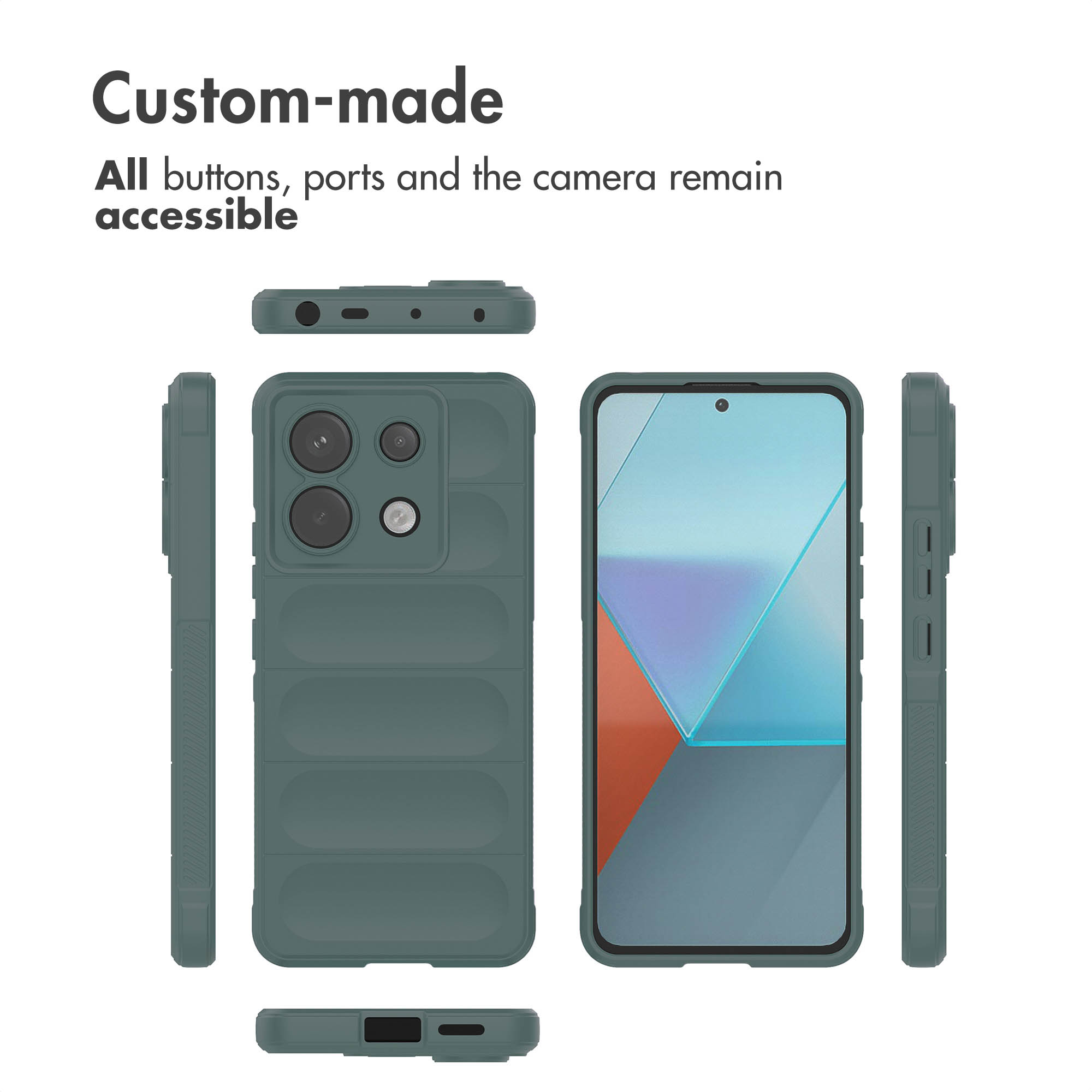 Funda protectora verde para teléfono móvil mostrada desde varios ángulos con texto.