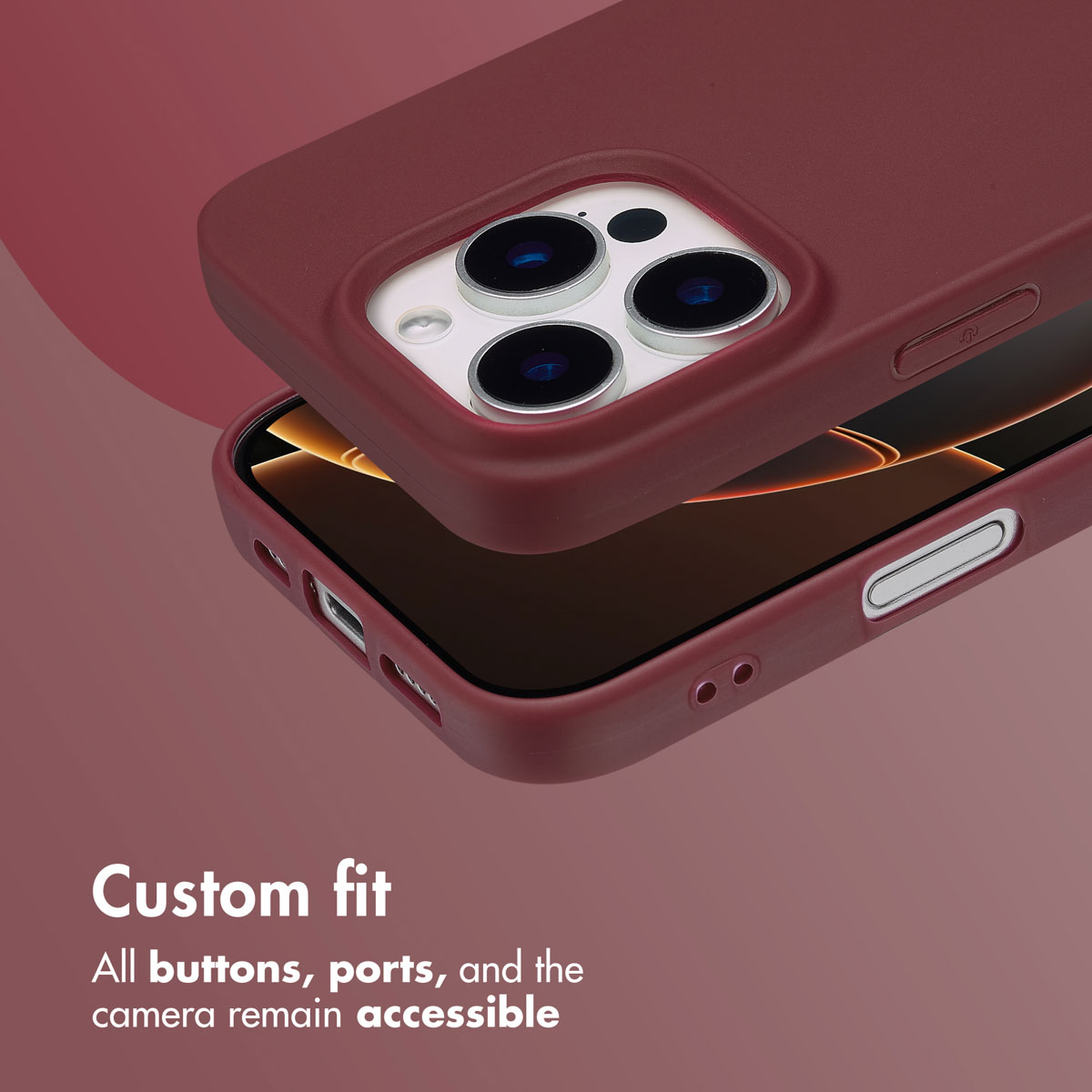 Smartphone rouge avec coque de protection, triple capteur et texte.