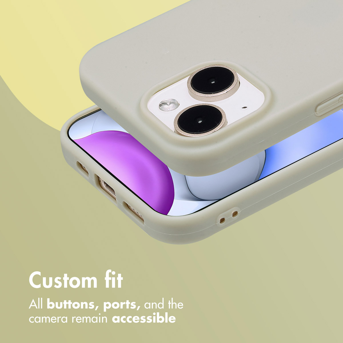 Een smartphone in een lichtgroene hoes met zichtbare camera en poorten.