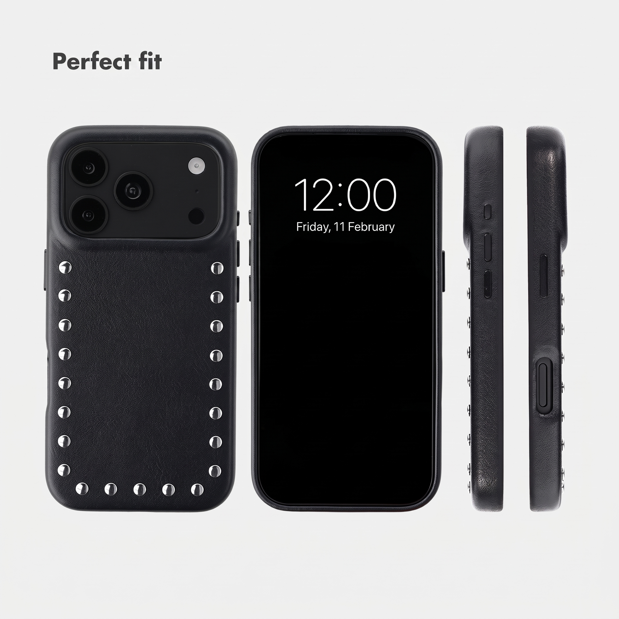 Custodia per telefono in pelle nera con borchie argento e aperture per pulsanti e fotocamera.
