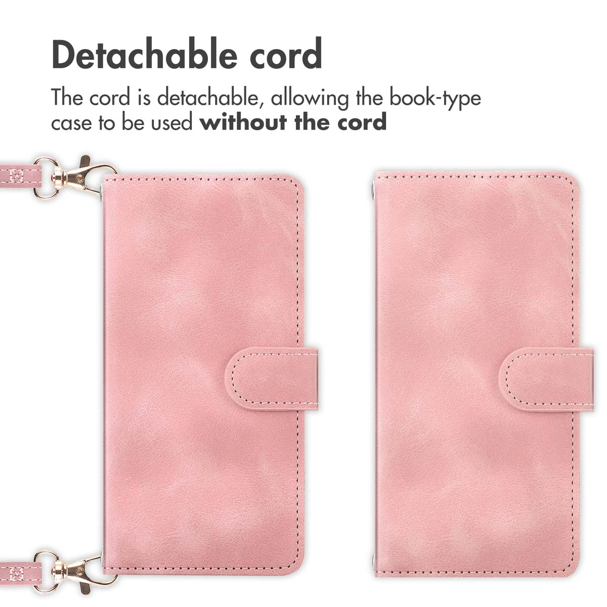 Roze kunstlederen telefoonhoesje getoond met en zonder afneembaar koord.