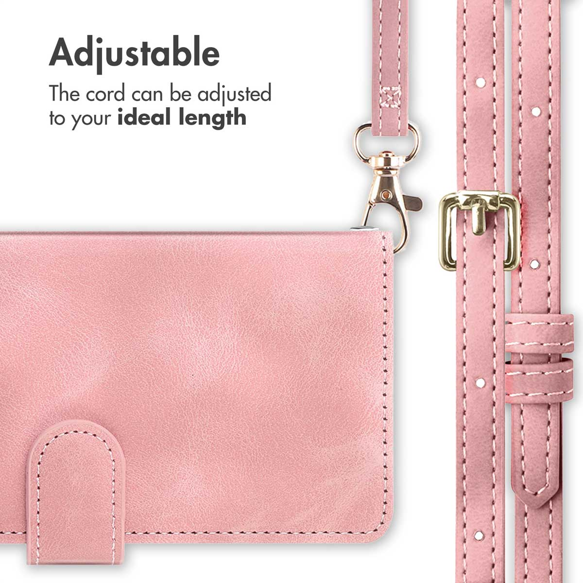 Roze lederen etui met verstelbare riem, goudkleurige hardware en tekst.