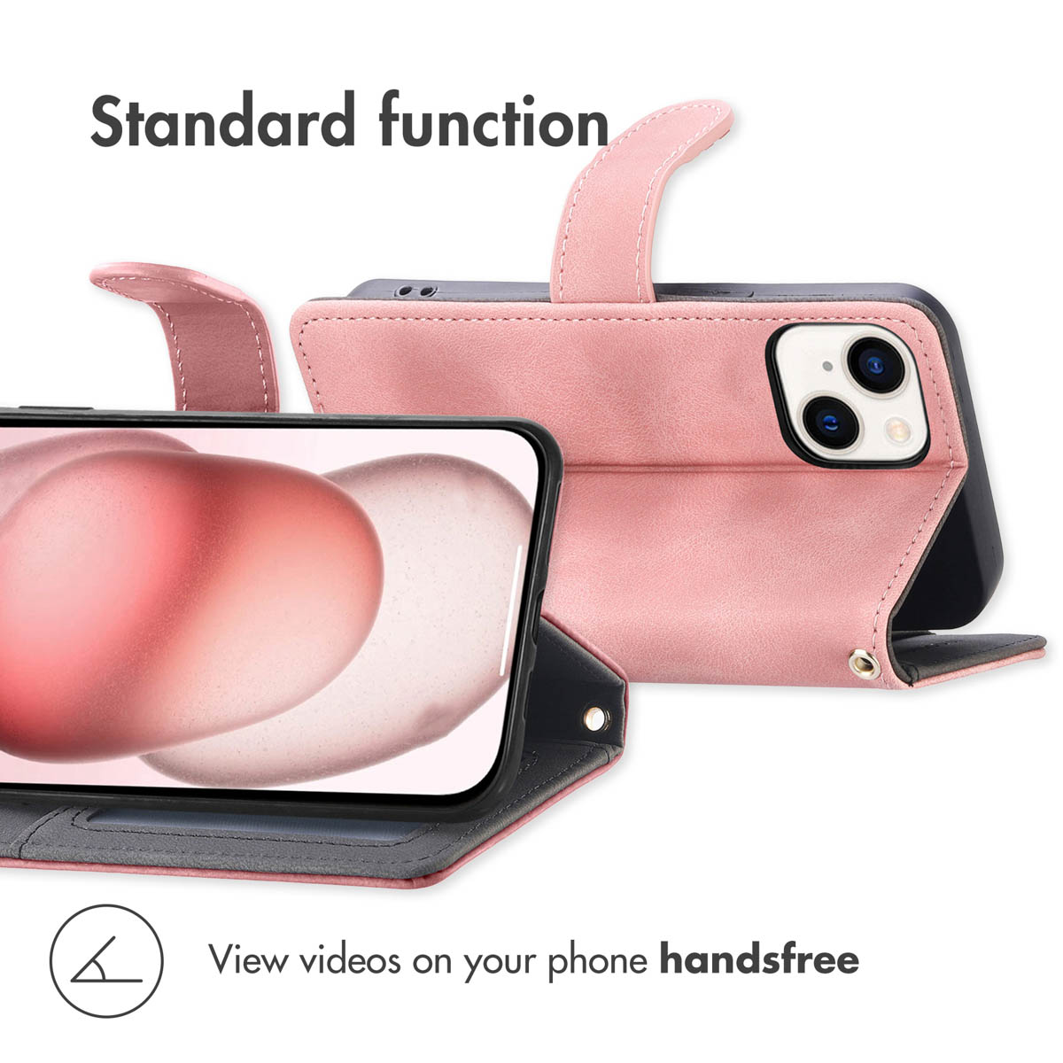 Roze telefoonhoesje horizontaal neergezet voor handenvrij kijken.