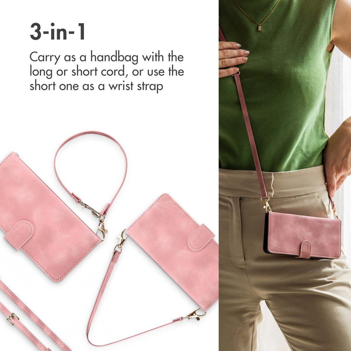 Roze telefoonhoesje met afneembare riem en polsband voor diverse draagopties.
