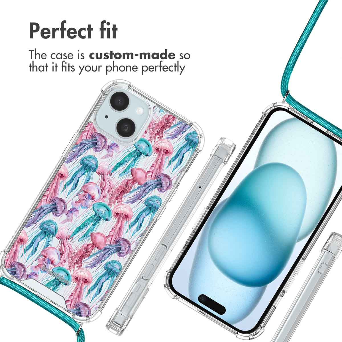 Une coque transparente avec un motif de méduses colorées, montrant l'arrière et l'avant avec une lanière turquoise.