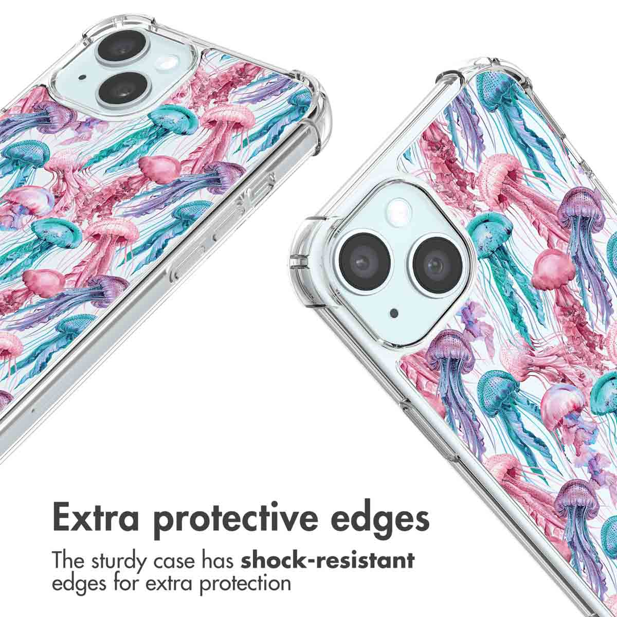 Coque de téléphone transparente avec motif de meduses et bords antichocs.