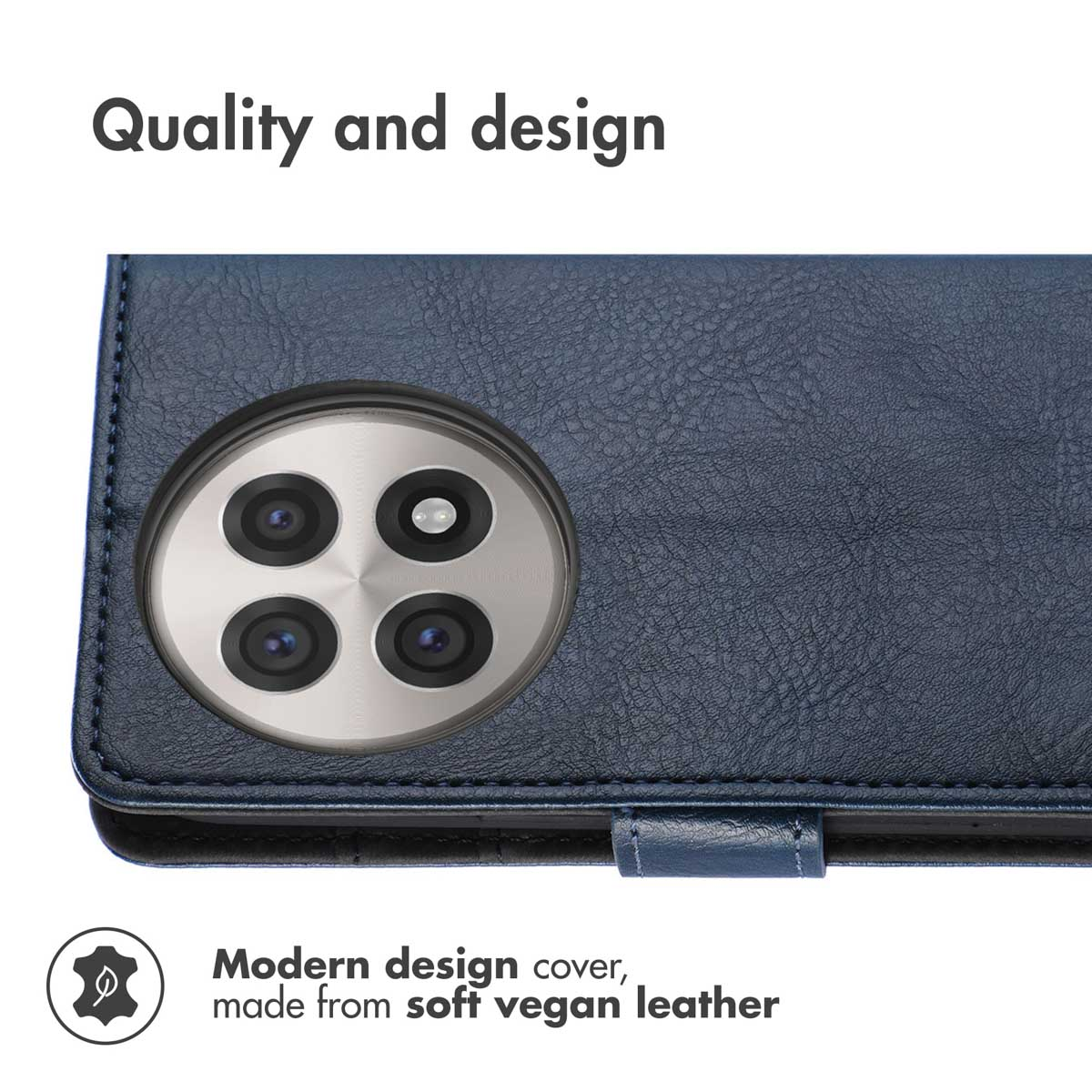 Étui en cuir végétalien bleu avec découpe de caméra ronde et quatre objectifs.