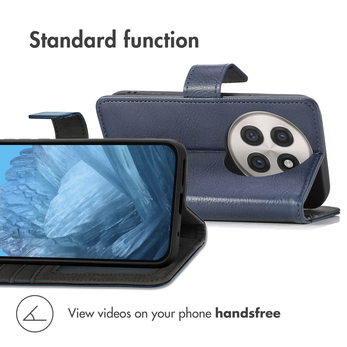 Étui en cuir bleu montrant la fonction standard pour regarder des vidéos sur le téléphone mains libres.