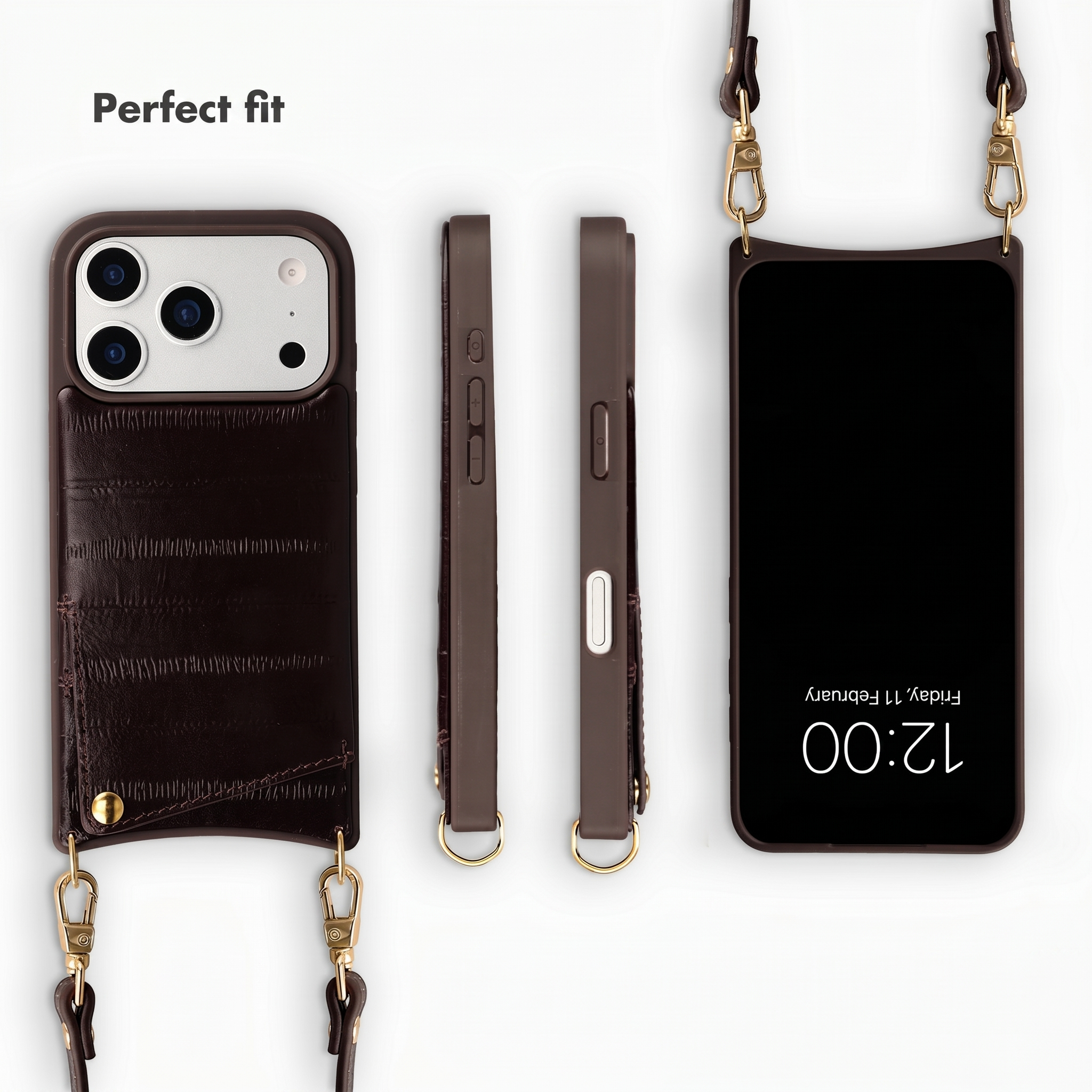 Coque de téléphone en cuir marron avec lanière, porte-cartes et ajustement parfait.