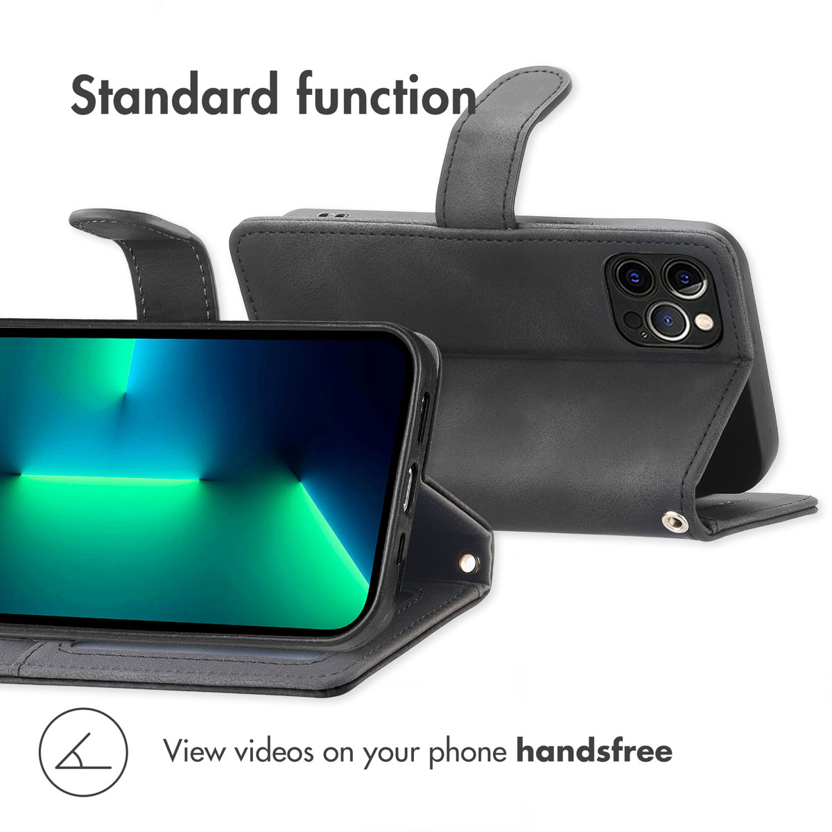 Una custodia in pelle nera per smartphone con funzione supporto e schermo con gradiente blu e verde.