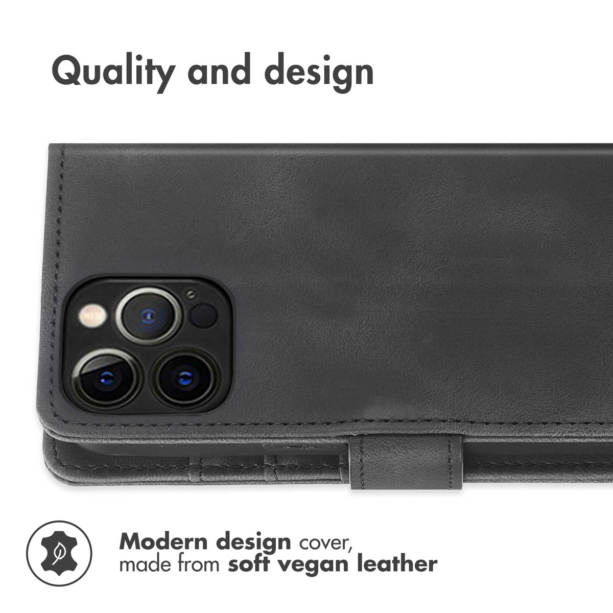 Custodia per telefono in pelle vegana nera con ritaglio per fotocamera.