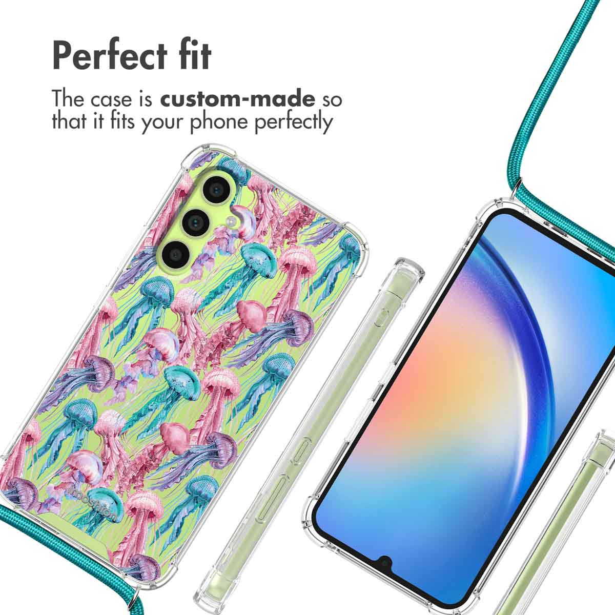 Coque de téléphone avec motif de méduses, cordon vert et texte "Perfect fit".