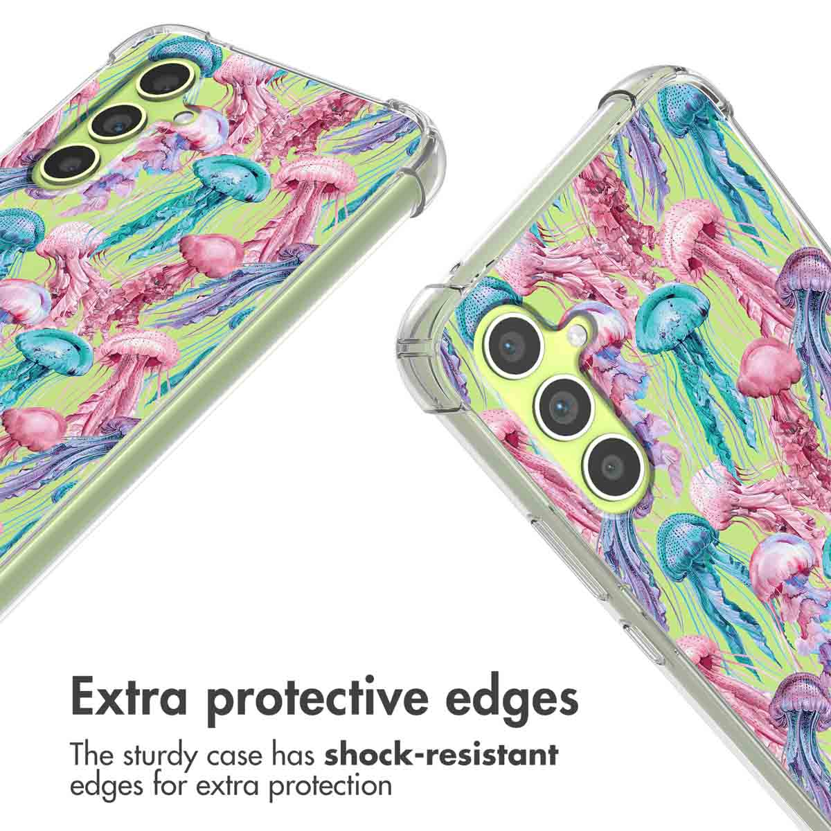 Coques transparentes avec motif de méduses sur fond vert et bords antichoc.