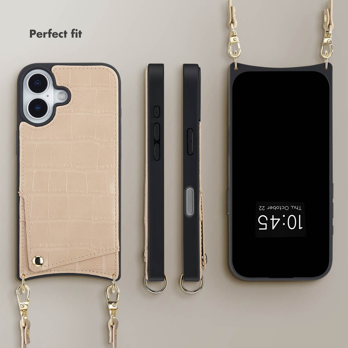 Custodia per telefono beige con stampa coccodrillo, tasca per carte e tracolla dorata.