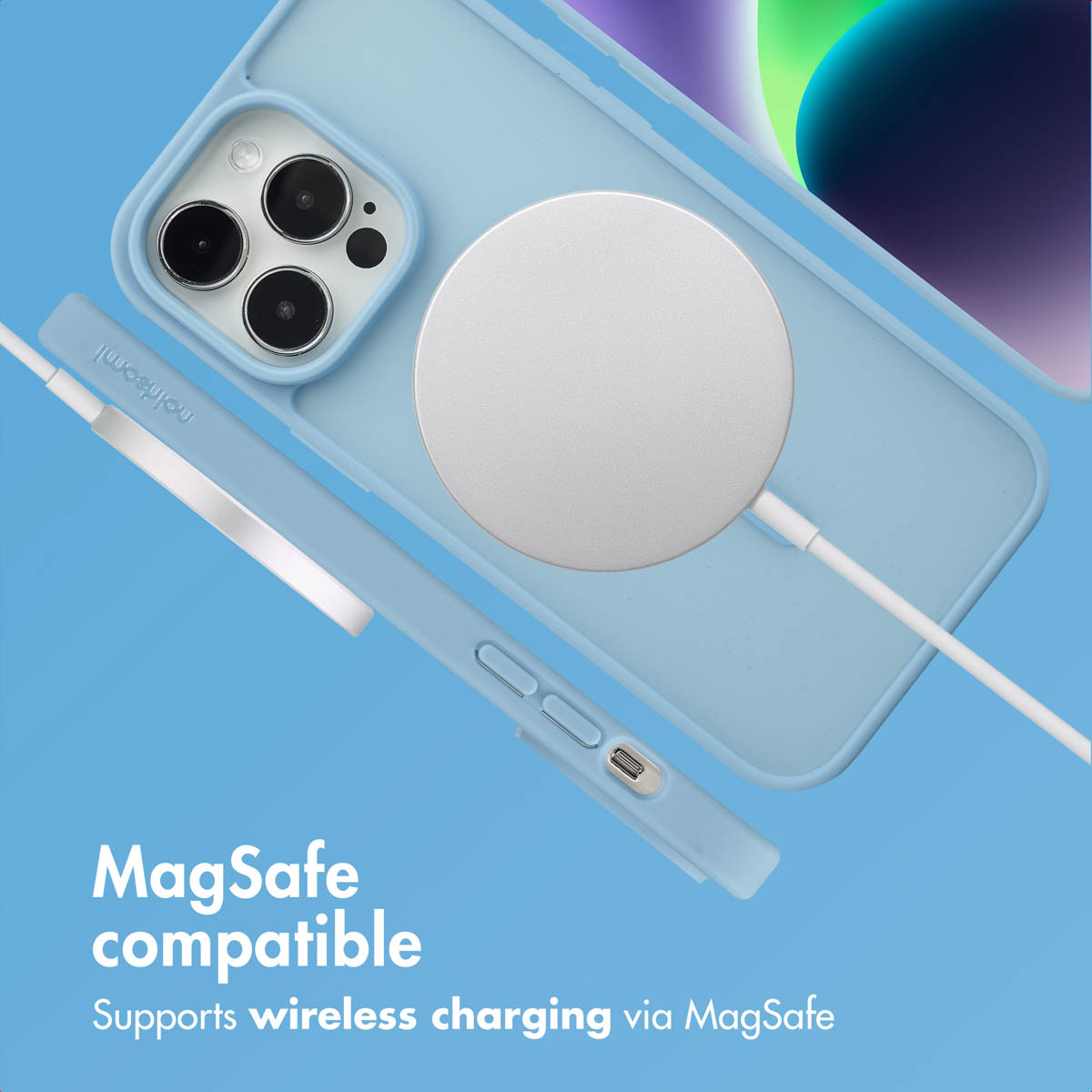 Blaue iPhone Hülle mit MagSafe Ladegerät auf blauem Hintergrund und weißem Text.