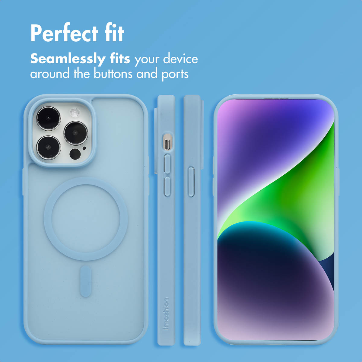 Blaue iPhone-Hülle mit MagSafe-Kreis und Ausschnitten für Tasten und Anschlüsse auf blauem Hintergrund.