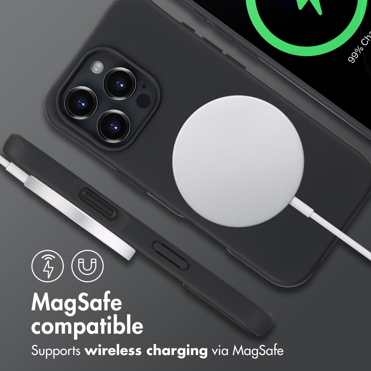 Una cover nera con caricabatterie MagSafe e testo compatibile MagSafe.