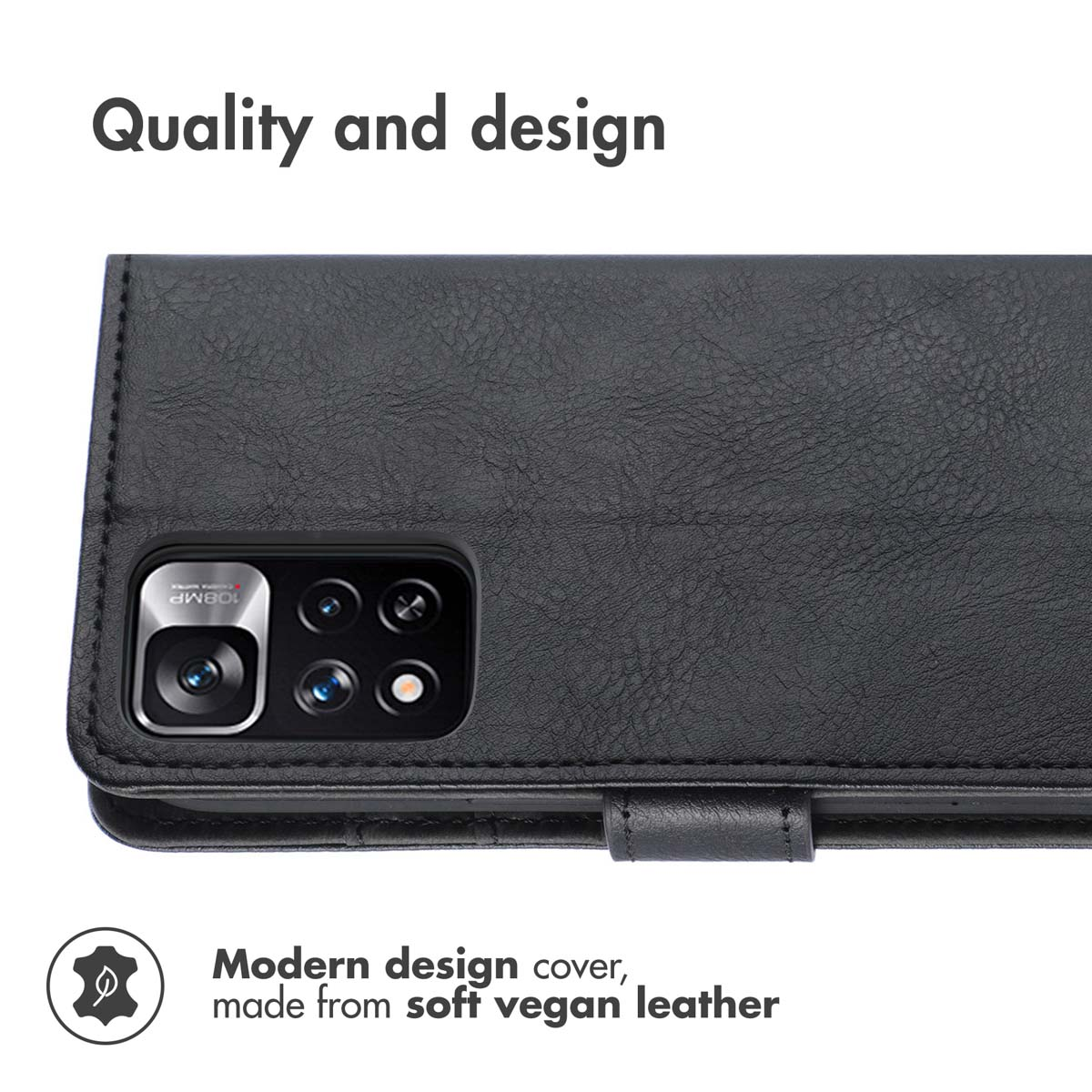 Custodia per telefono in pelle vegana nera con foro per fotocamera.