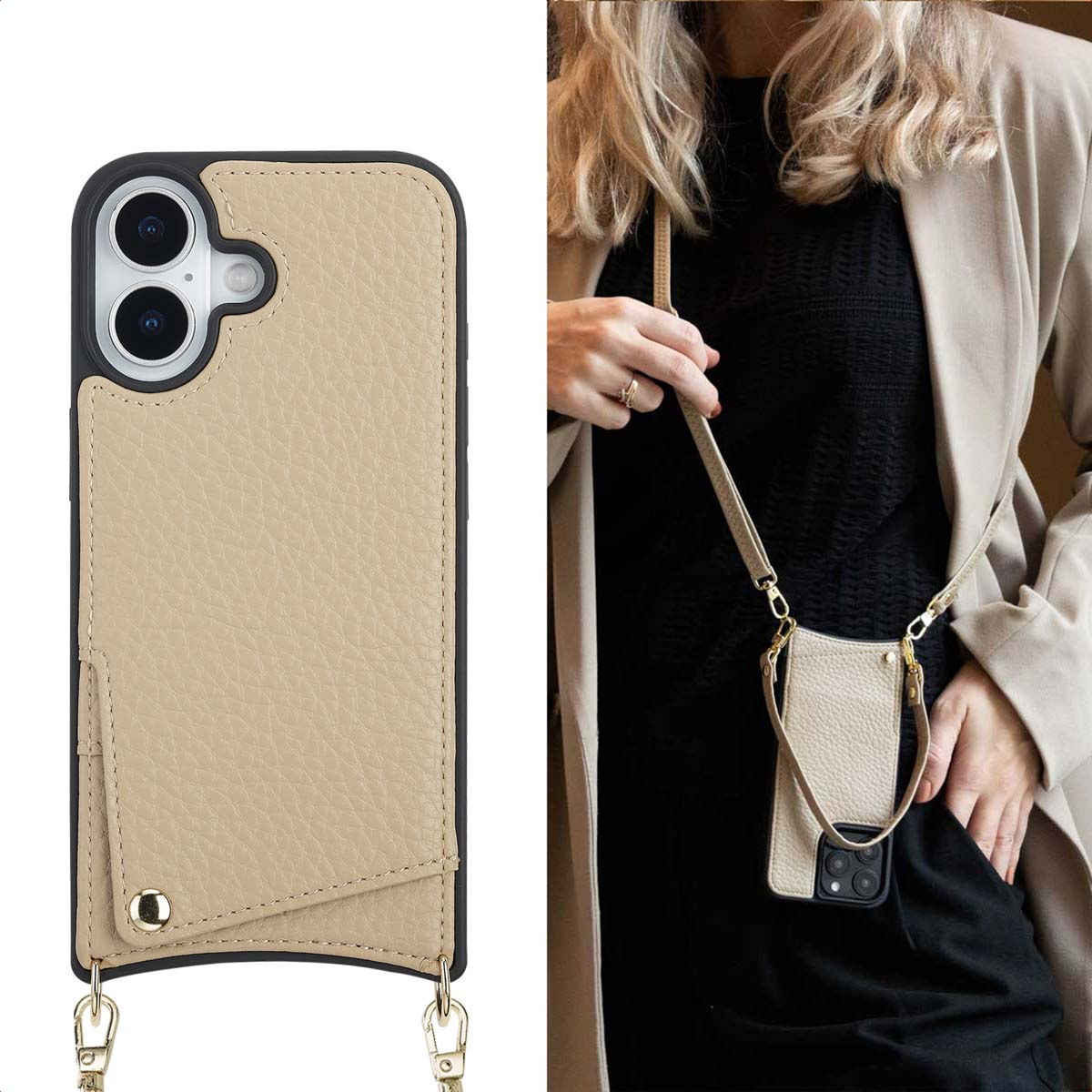 Funda de móvil beis con correa para el hombro y bolsillo para tarjetas.