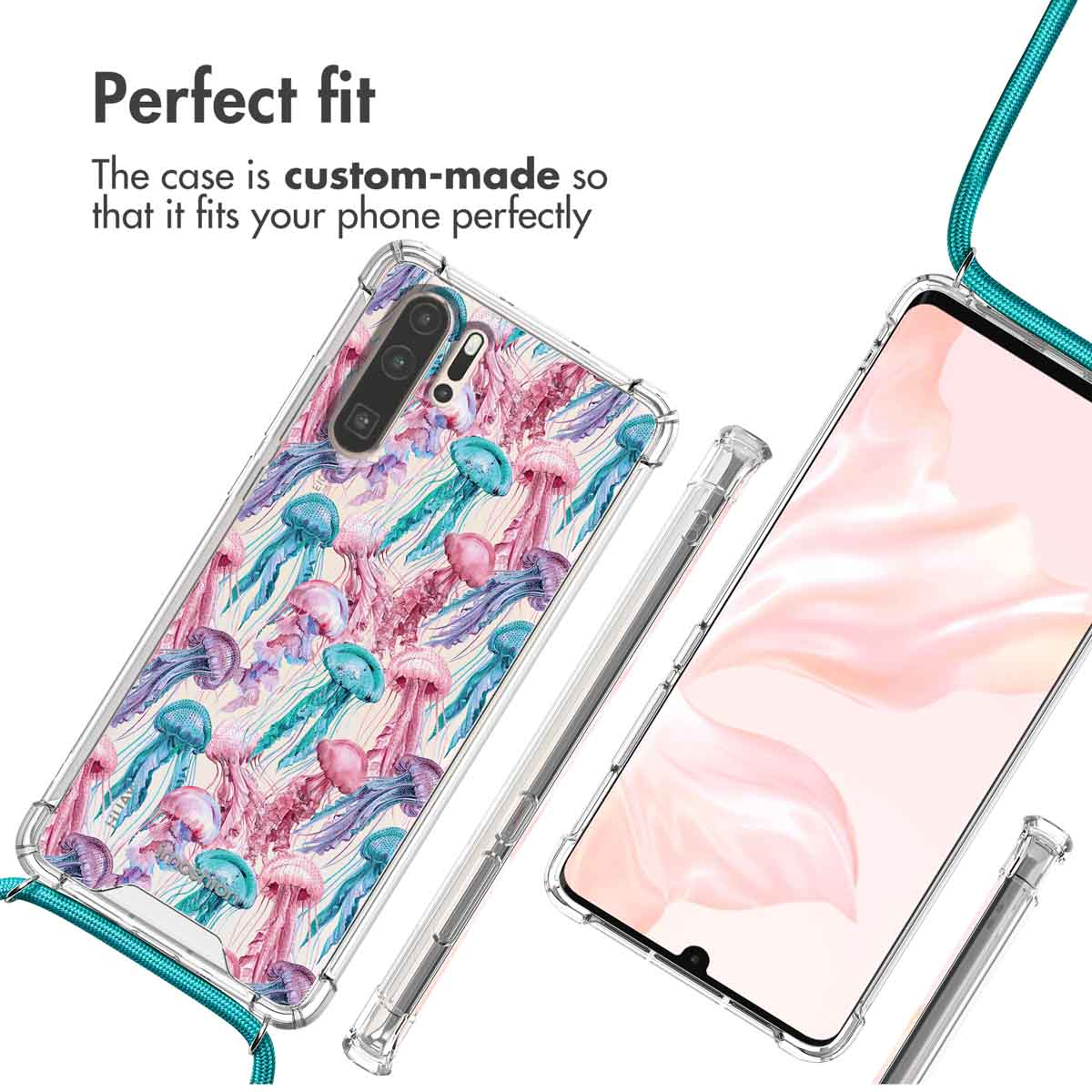 Transparente Handytasche mit bunten Quallenmotiven und Umhängeband.