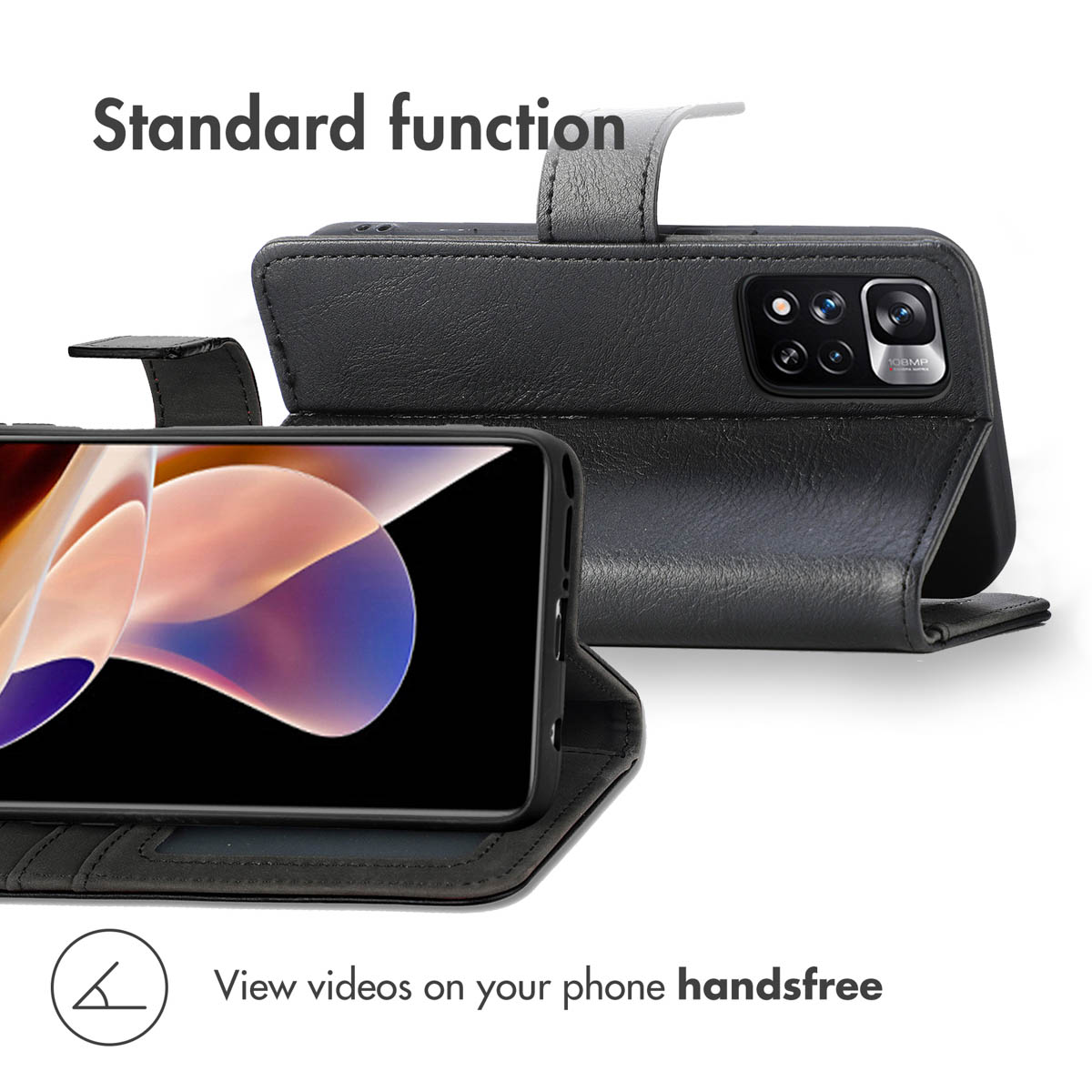 Custodia per cellulare in pelle nera che funge da supporto per video.