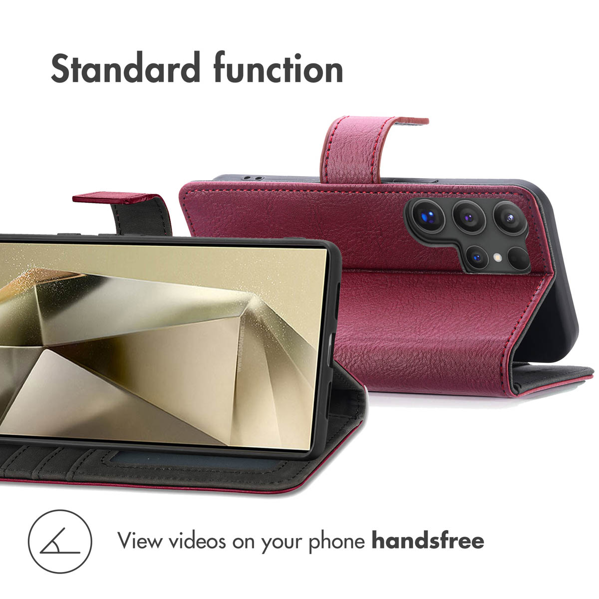 Two red leather phone cases holding the smartphone upright for handsfree viewing.