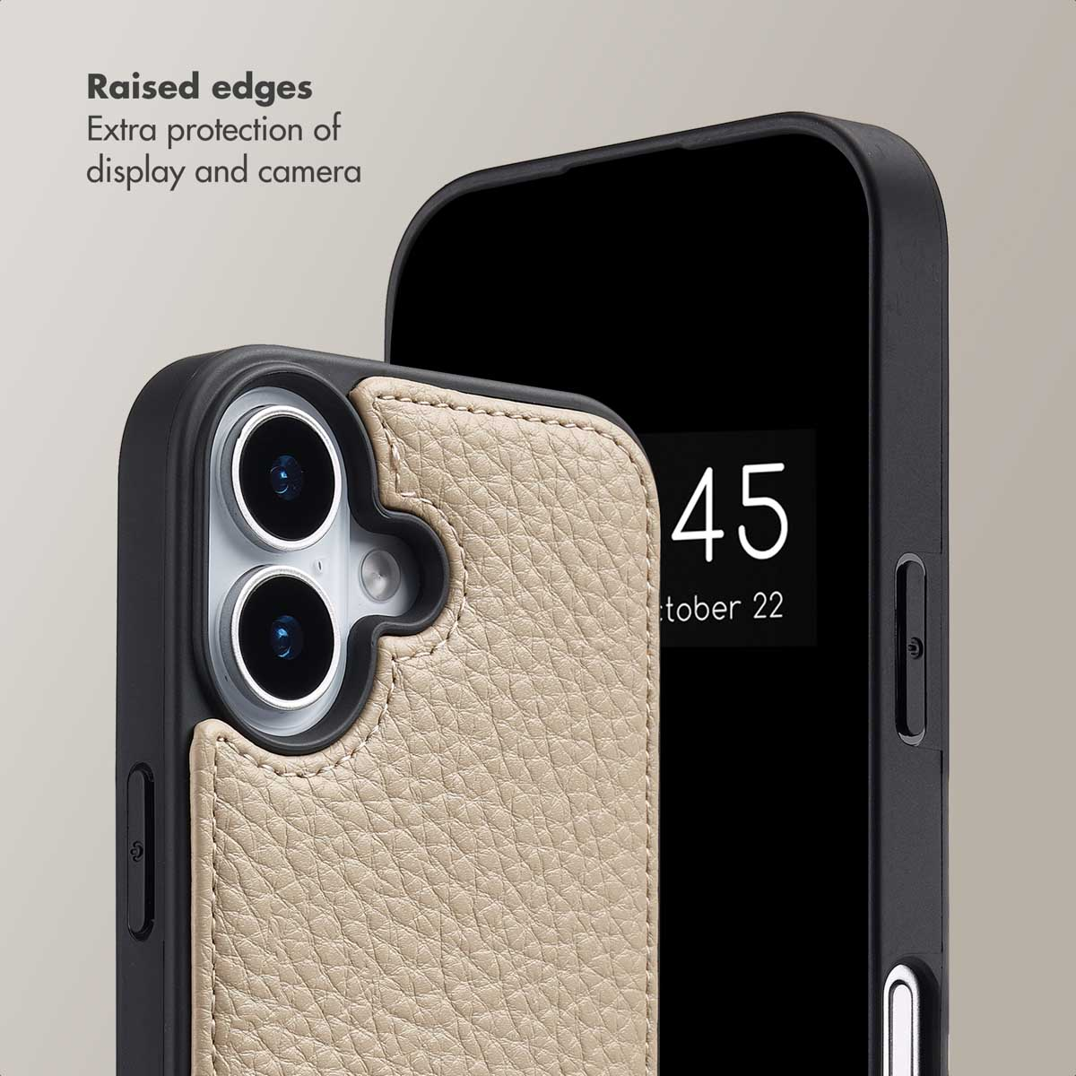 Un smartphone negro con funda de cuero negro y beige y bordes elevados para proteger la cámara y la pantalla.