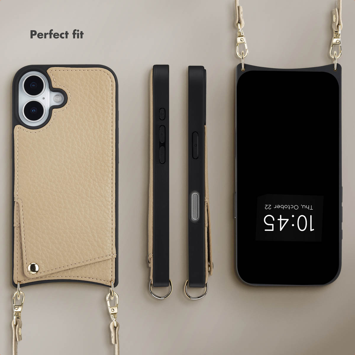 Funda de cuero beige para teléfono con tarjetero incorporado y correa ajustable.