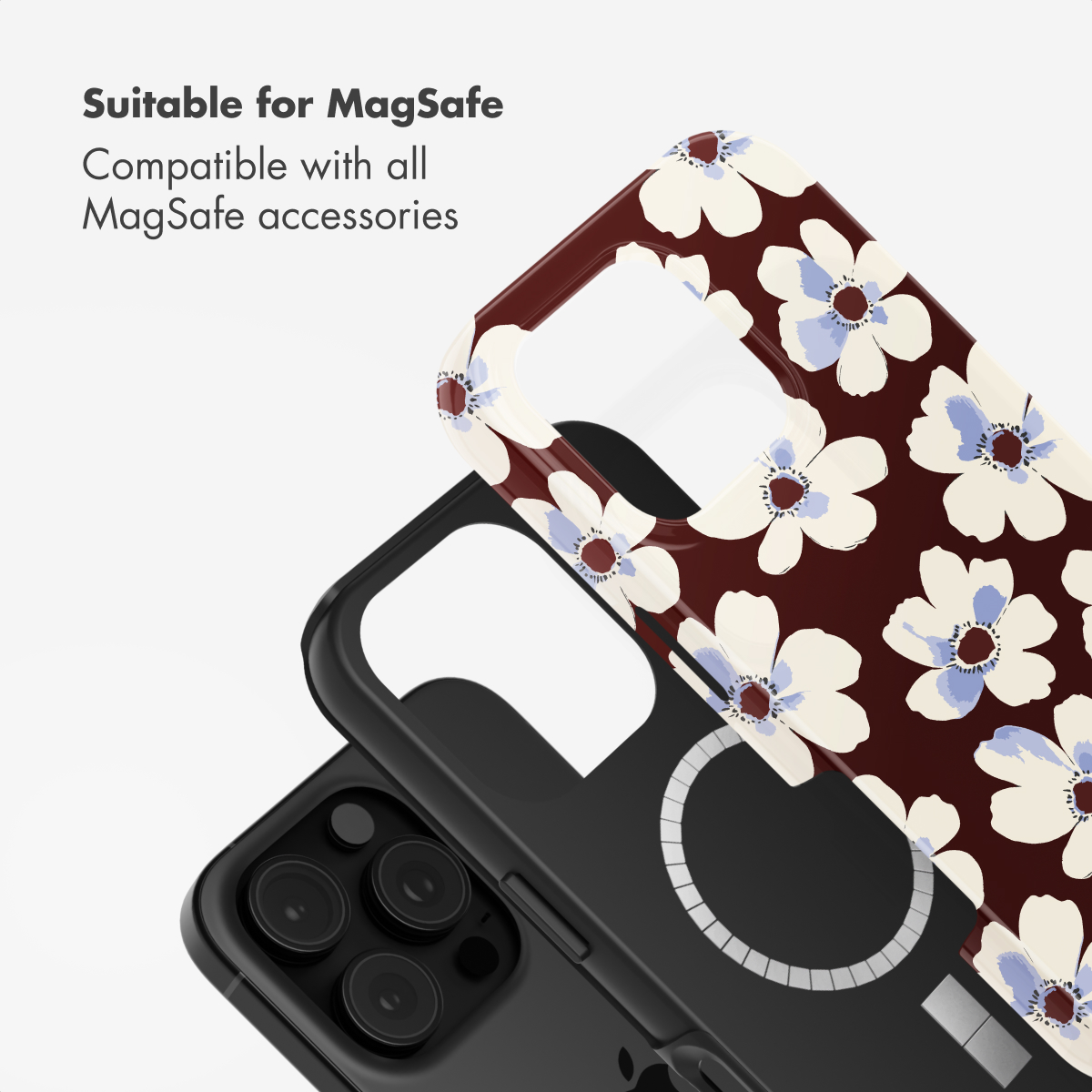 Custodia per telefono con motivo floreale su sfondo rosso scuro e compatibilità MagSafe.