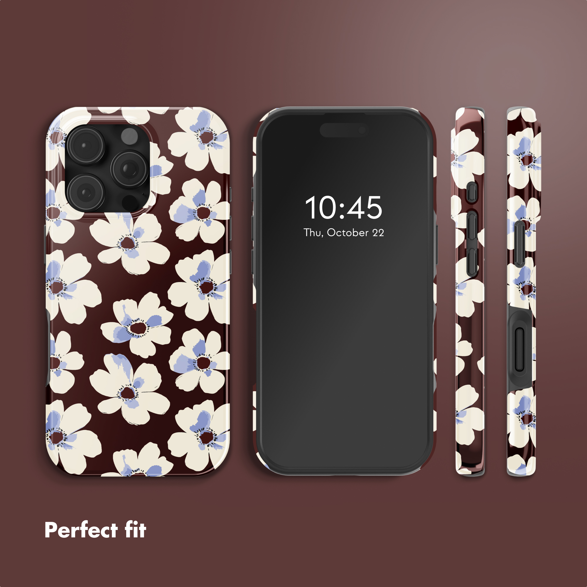 Quattro viste di uno smartphone con cover floreale marrone su sfondo marrone scuro con testo.