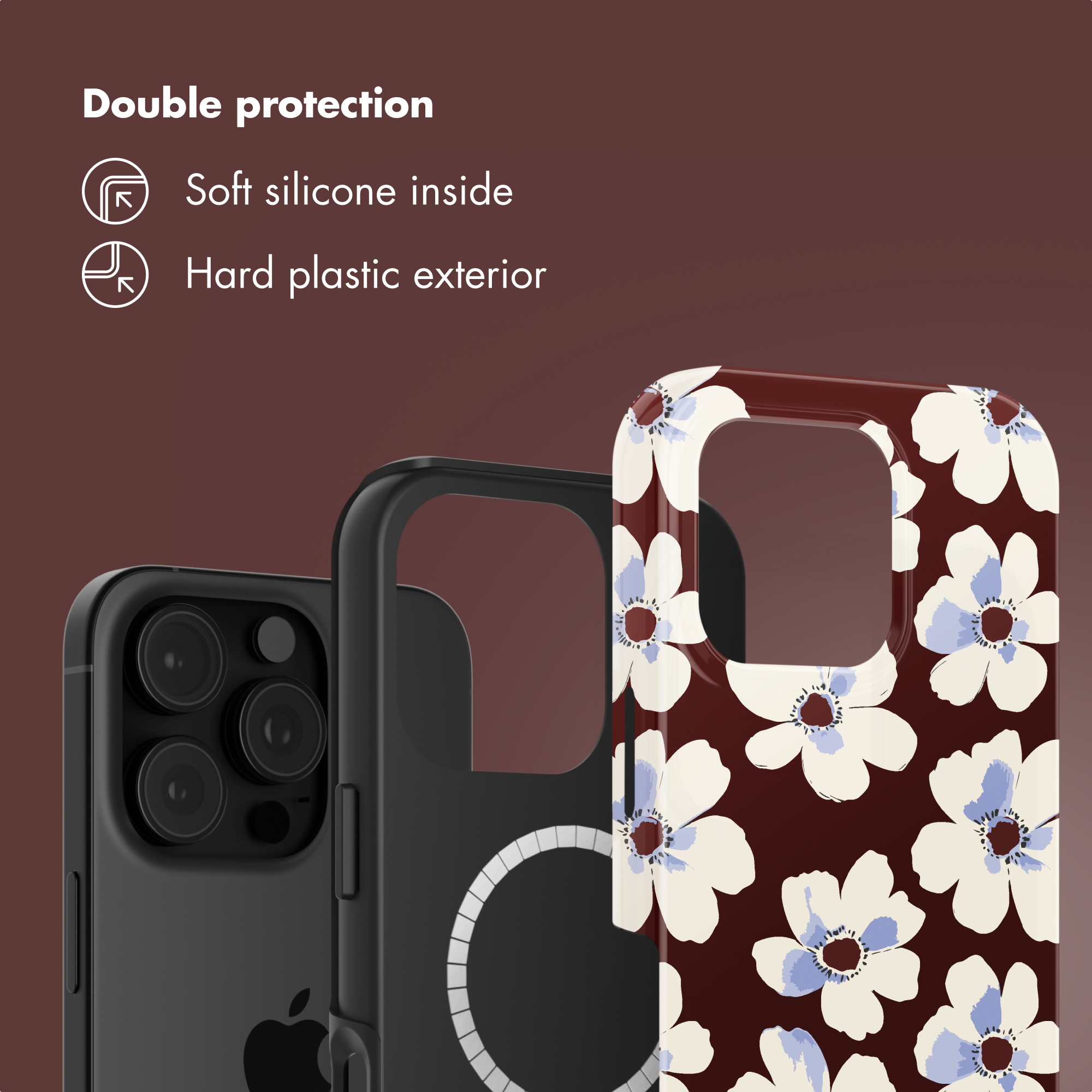 Una custodia per telefono ha una fantasia floreale bianca e blu su fondo marrone scuro, con doppia protezione.