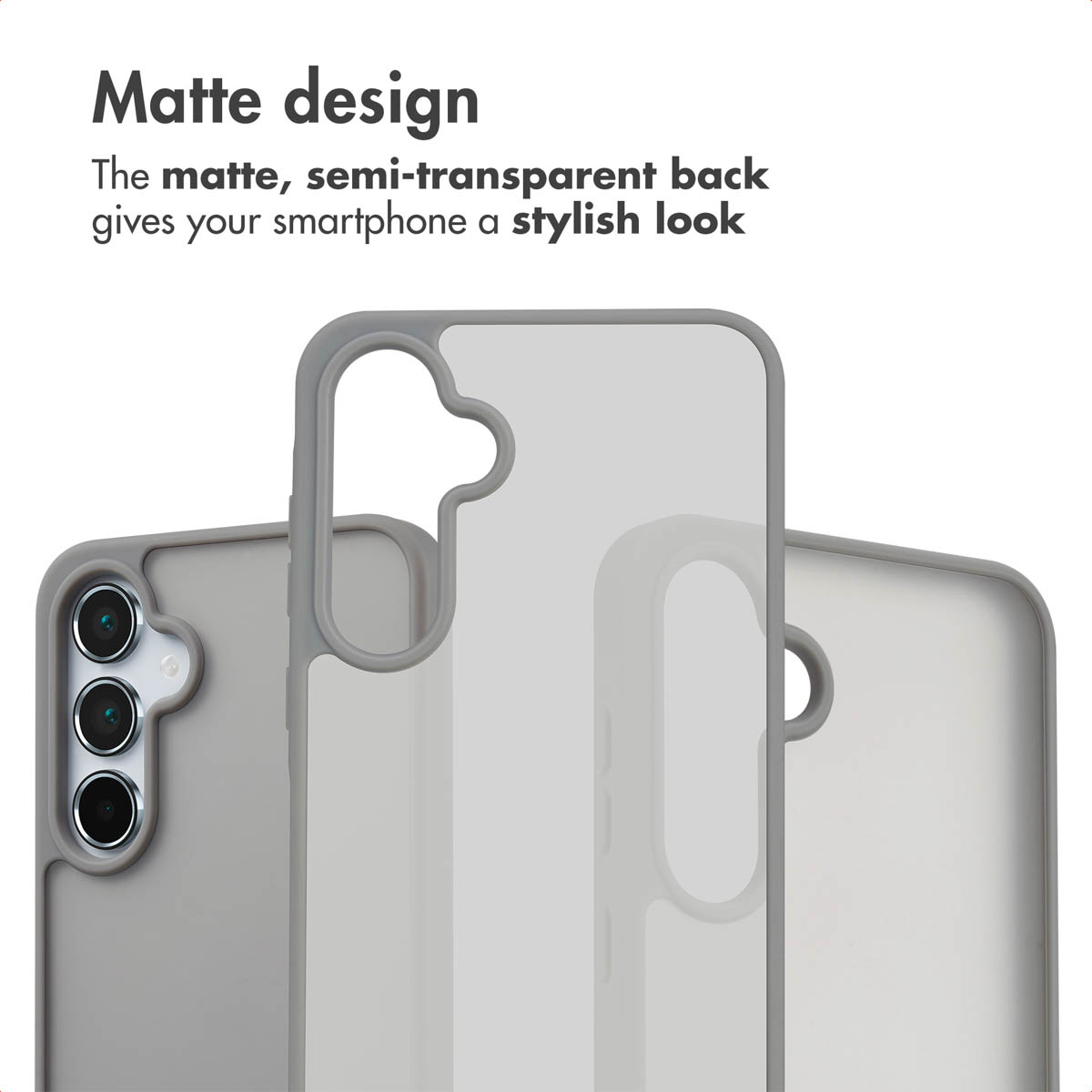 Tres teléfonos inteligentes con fundas mate semitransparentes sobre un fondo blanco con texto sobre diseño mate.
