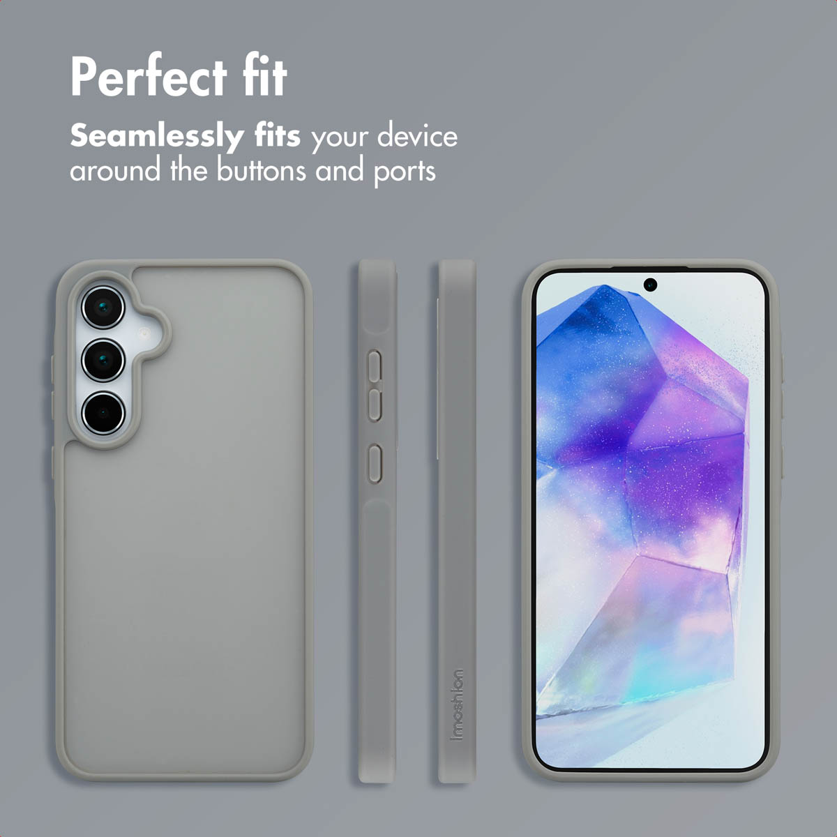 Funda de móvil gris mostrada desde varios ángulos junto a un teléfono con pantalla de cristal púrpura.